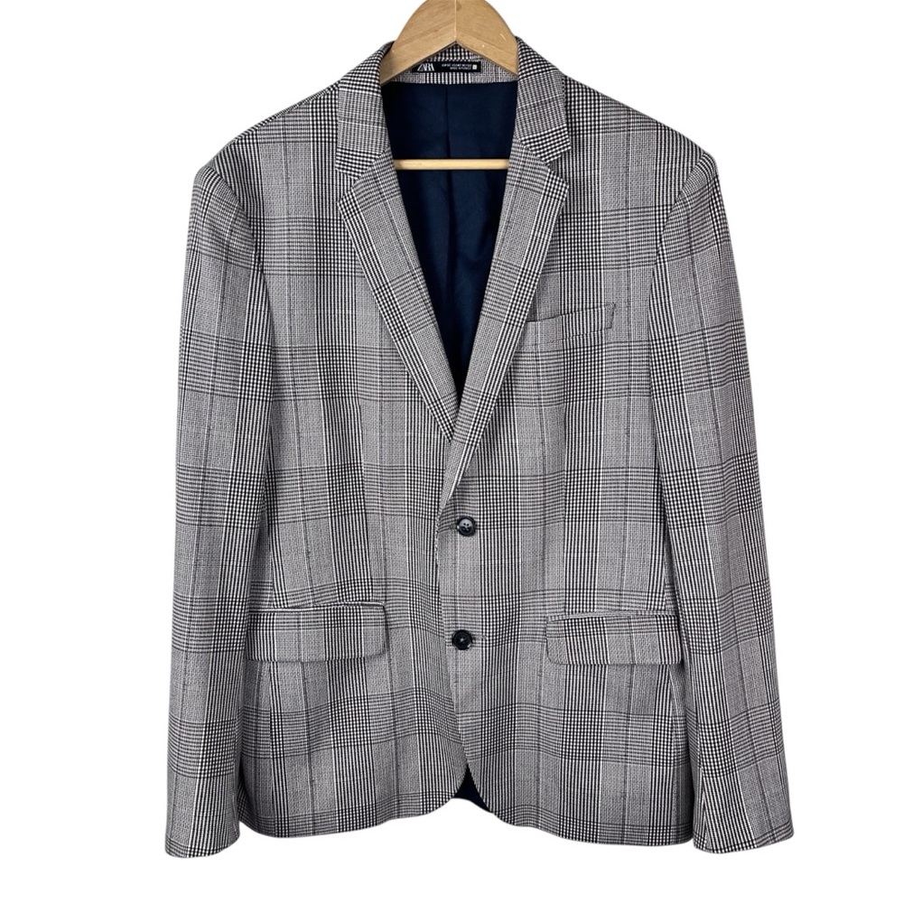 Zara Men's Blazer Jacket 42 Regular Brown Houndstooth, 2-Button Single-Breasted